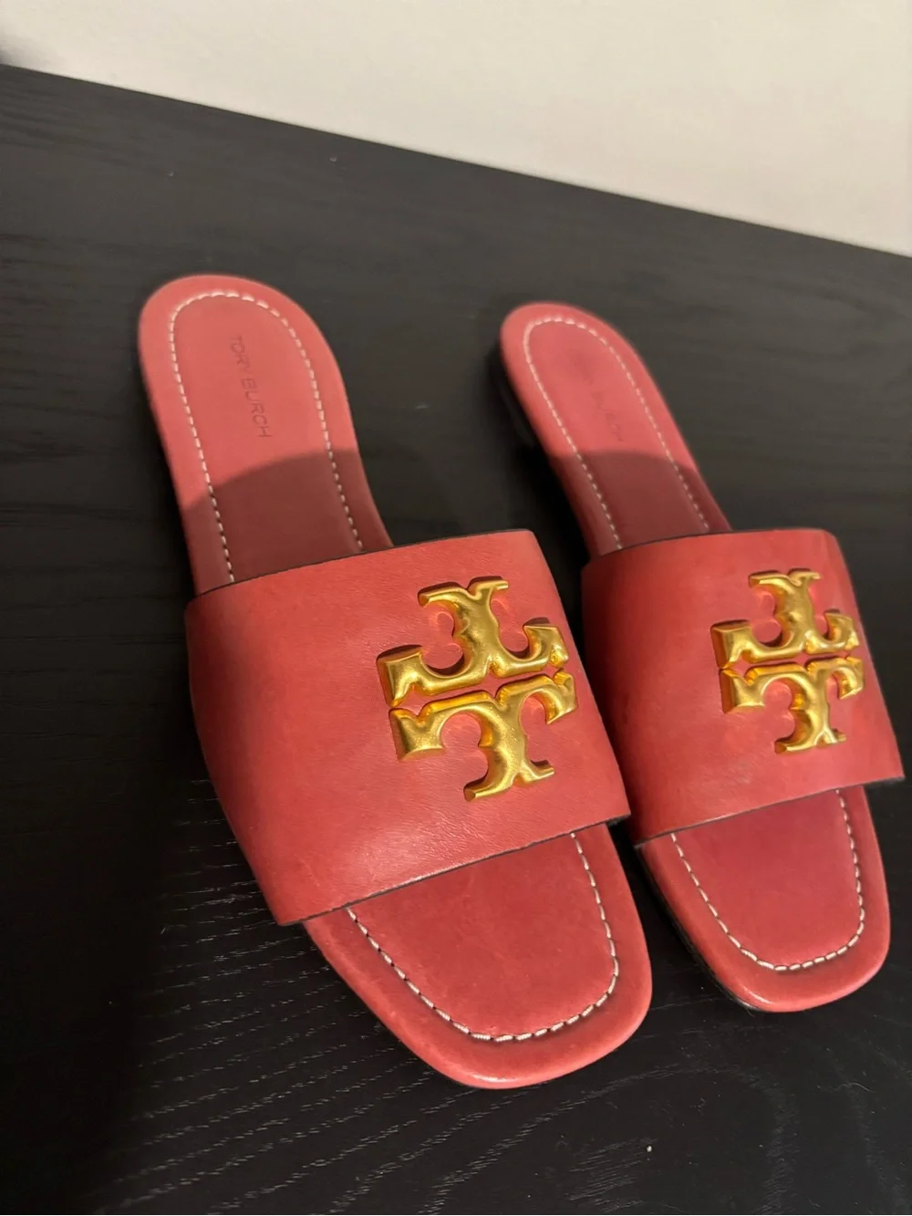 Tory Burch Coral-Red Leather Slide Sandals with Gold Logo